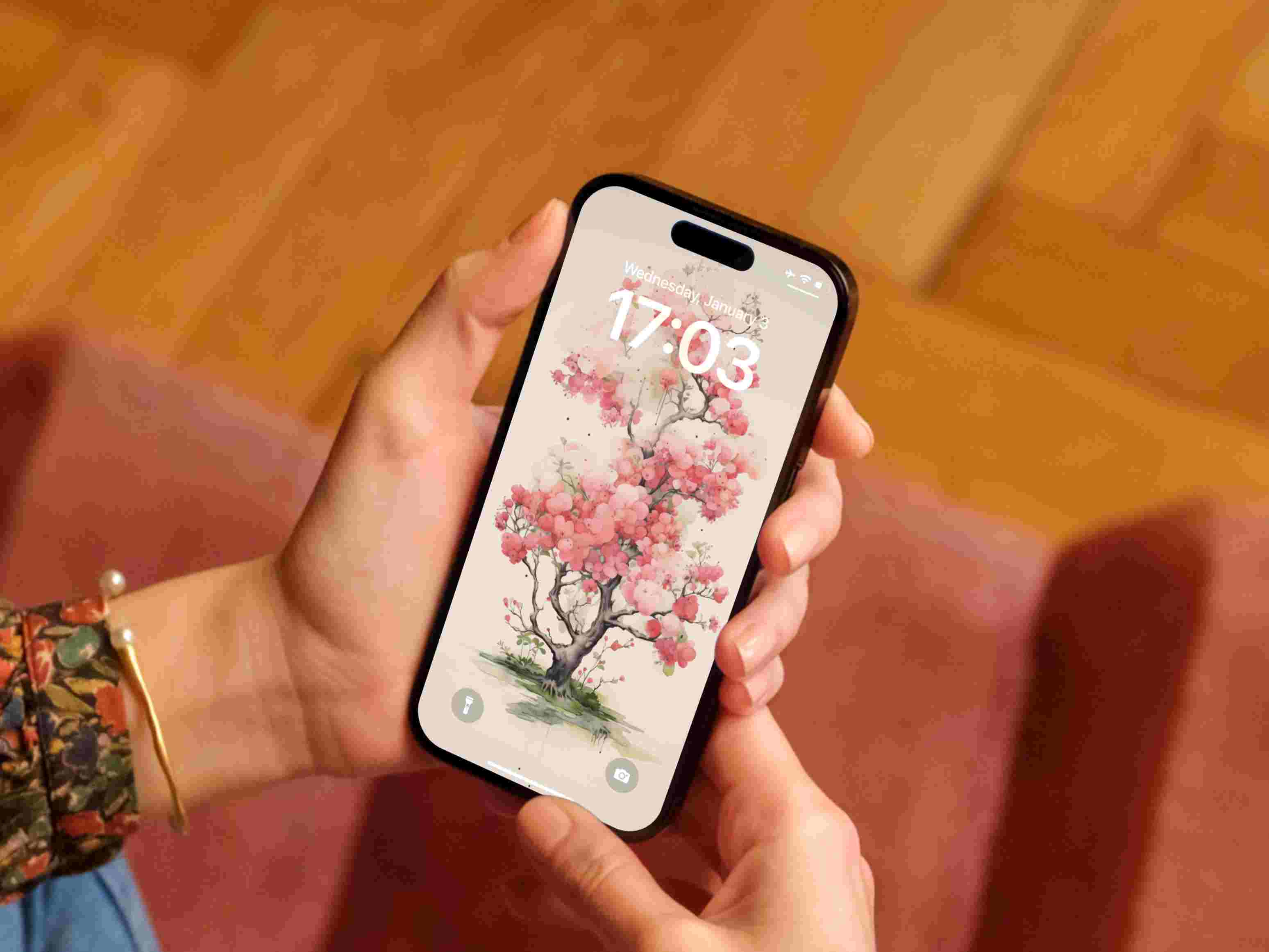 Download Watercolor Green-Pink Tree iPhone Wallpaper