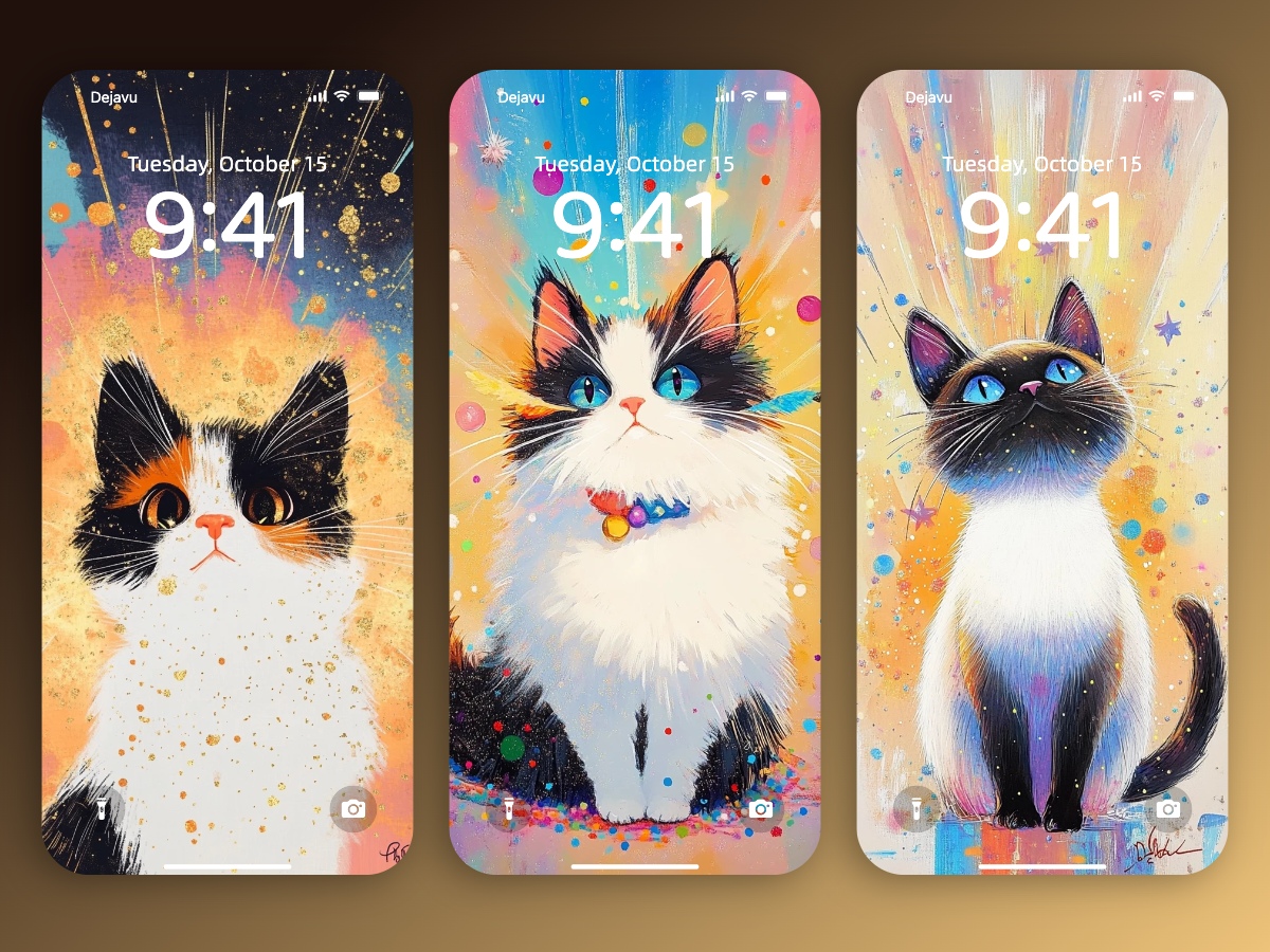 Download Anime Style Cute Cat with Colorful Glitter Dots Wallpapers 8K for iPhone & Android