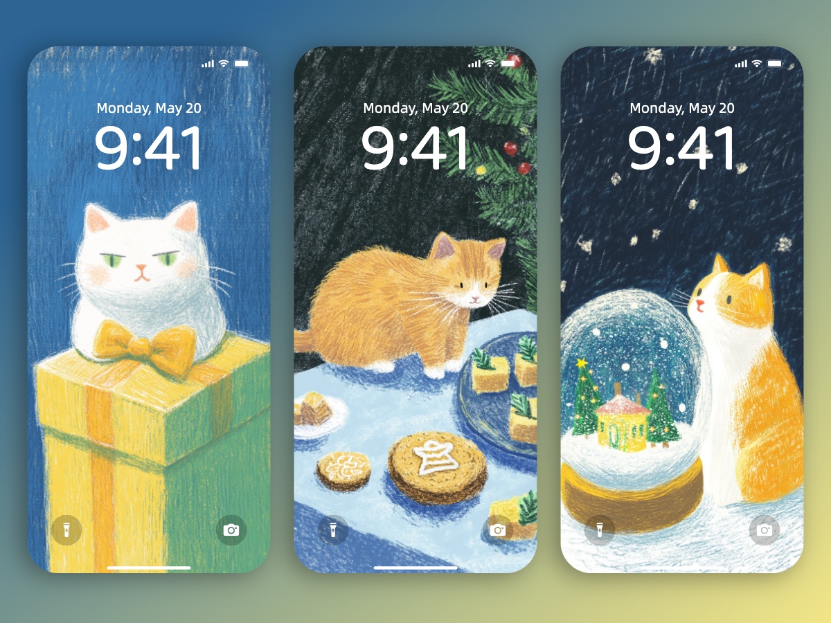 Download Cute Cat in Christmas Crayon Drawing Wallpapers 8K for iPhone & Android