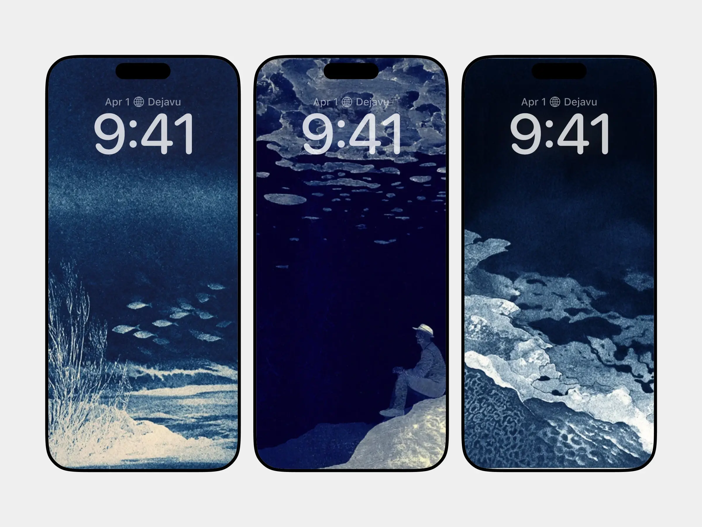 Deep Blue Ocean Mood Art – Fish, Night Sky, and Solitary Fisherman in Serene Marine Scenes