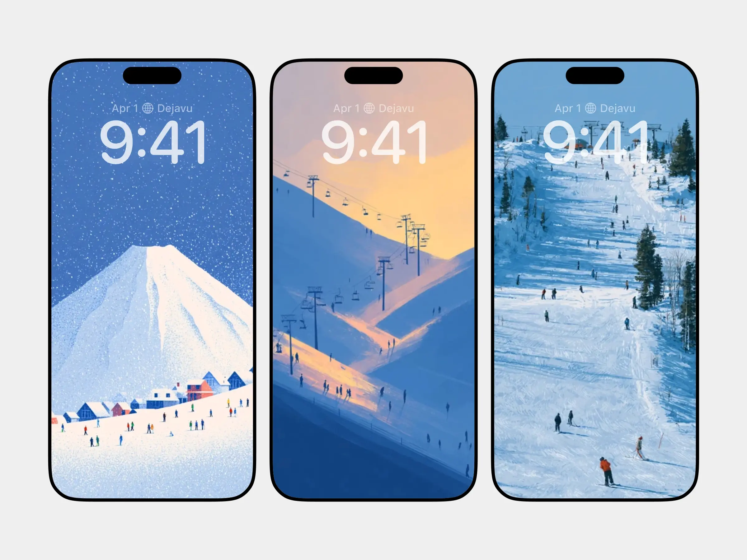 Serene Winter Mountain Scenes with Skiers and Snow-Covered Villages in Calm, Artistic Composition