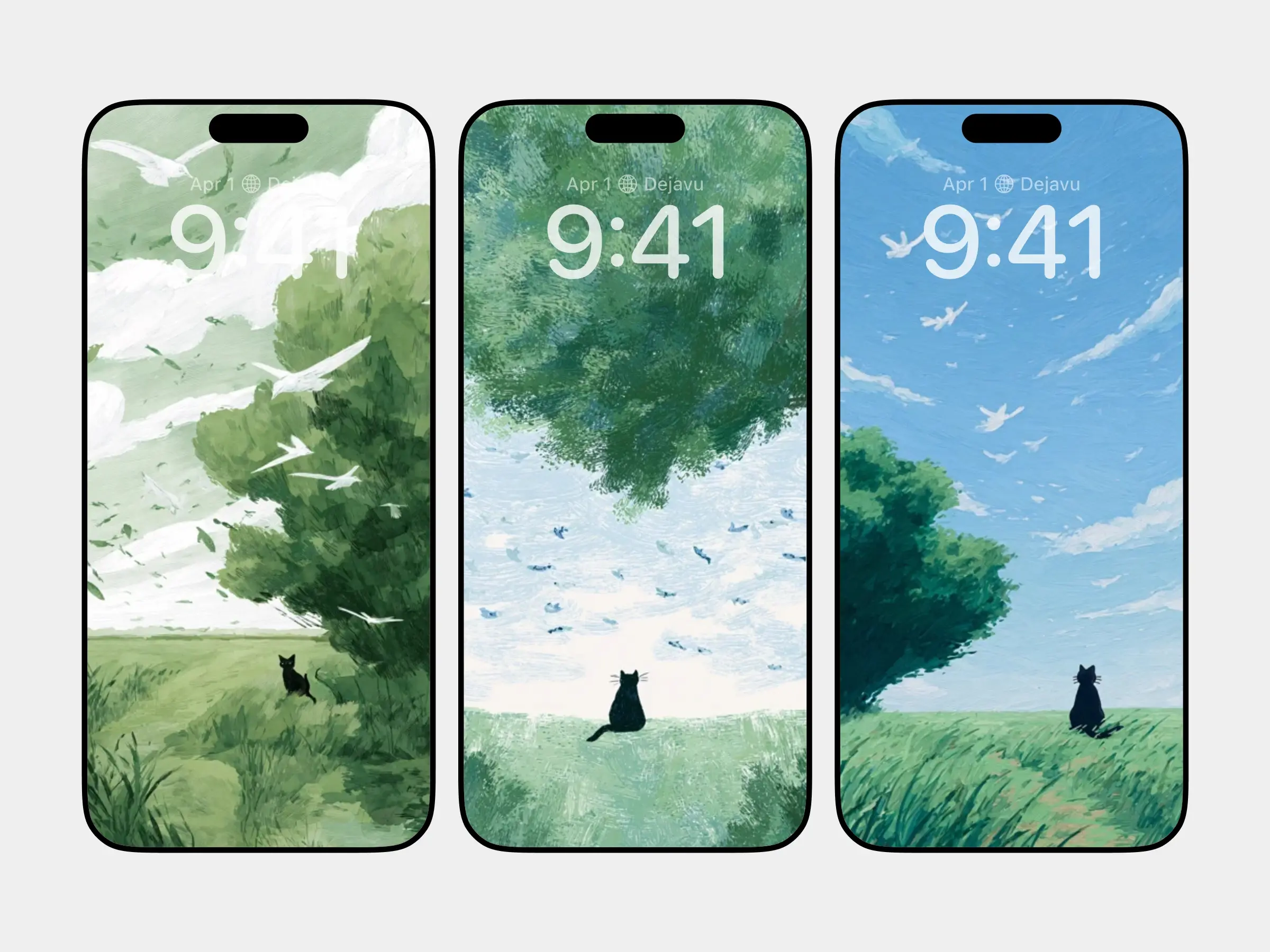Black Cat Observing Birds in Nature — Serene Artwork with Ethereal Atmosphere