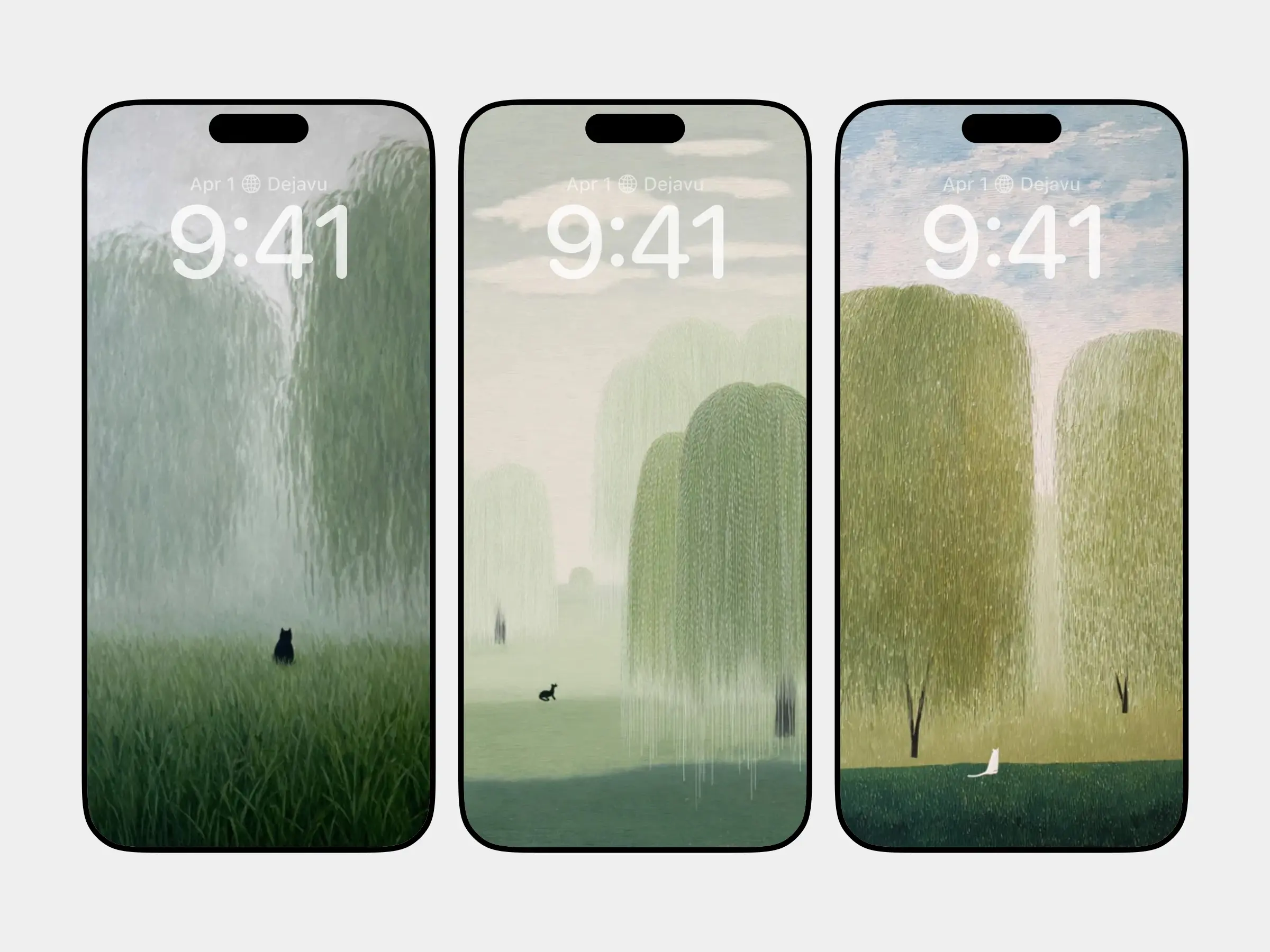 Tranquil Misty Willows with a Solitary Black Cat